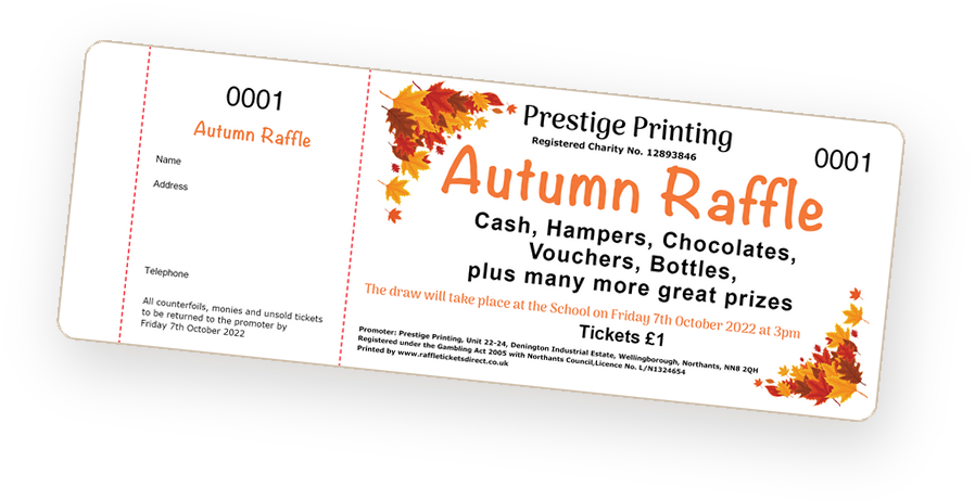 Example autumn raffle ticket from Raffle Tickets Direct