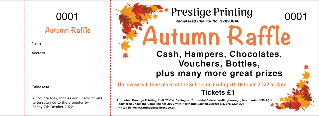 Autumn raffle ticket template with maple leaf motifs
