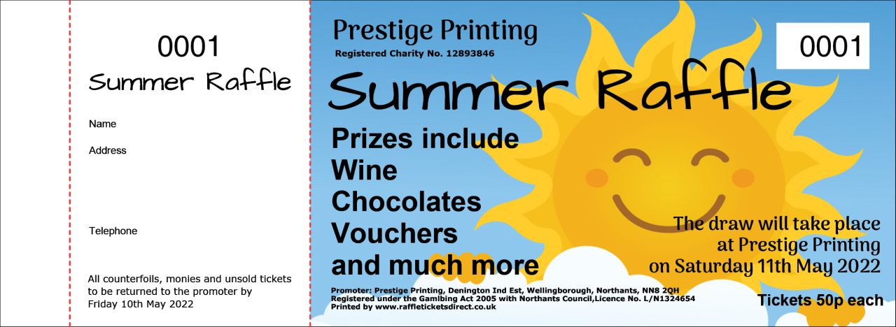 Summer raffle ticket template with sun graphic